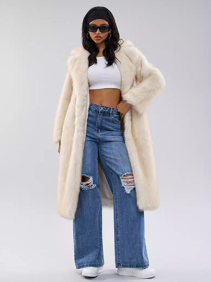White Faux Fur Coats Notched Lapel Oversized Winter Long Jacket For Women 2026