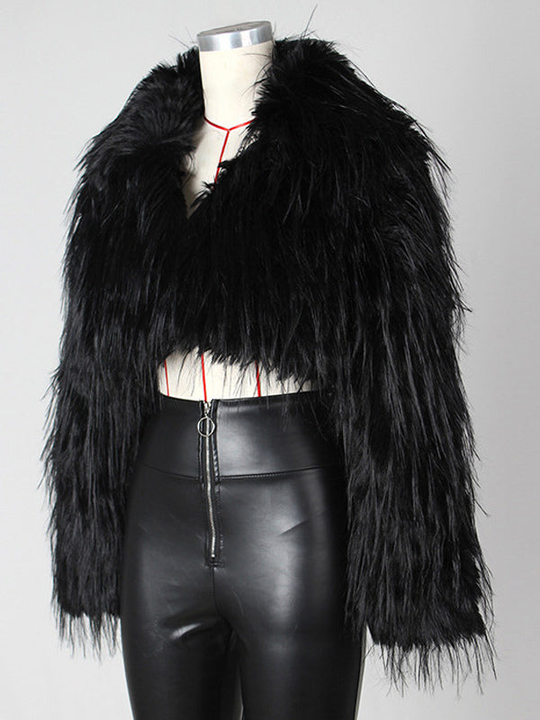 Fringed Faux Fur Cropped Coat V-neck Winter Jacket For Women 2026