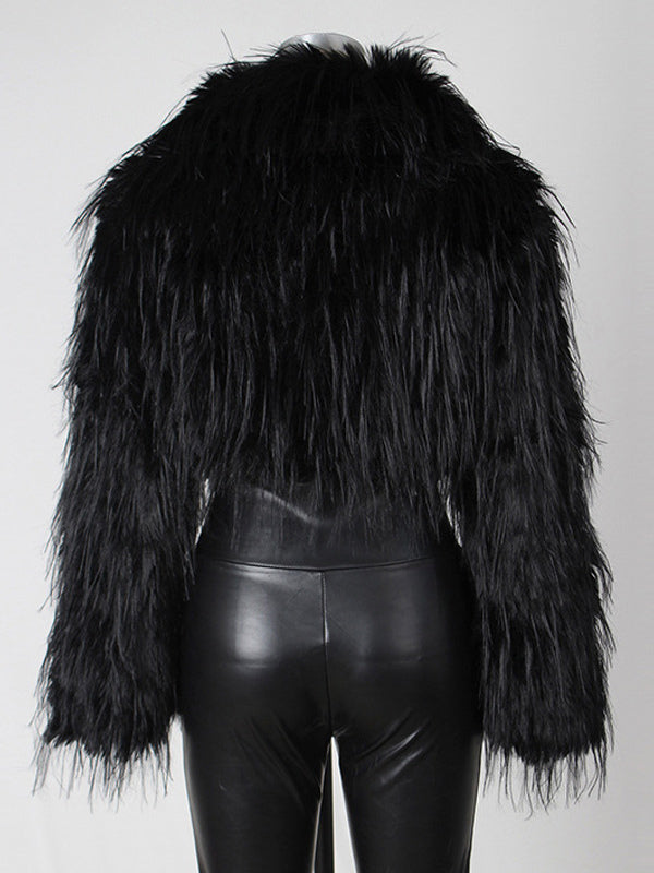 Fringed Faux Fur Cropped Coat V-neck Winter Jacket For Women 2026