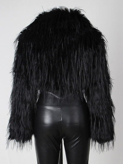 Fringed Faux Fur Cropped Coat V-neck Winter Jacket For Women 2026