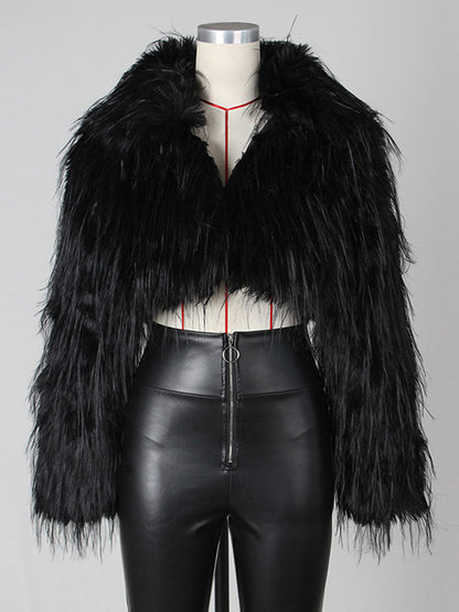 Fringed Faux Fur Cropped Coat V-neck Winter Jacket For Women 2026
