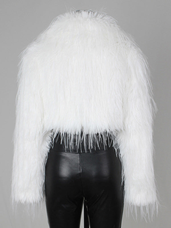 Fringed Faux Fur Cropped Coat V-neck Winter Jacket For Women 2026
