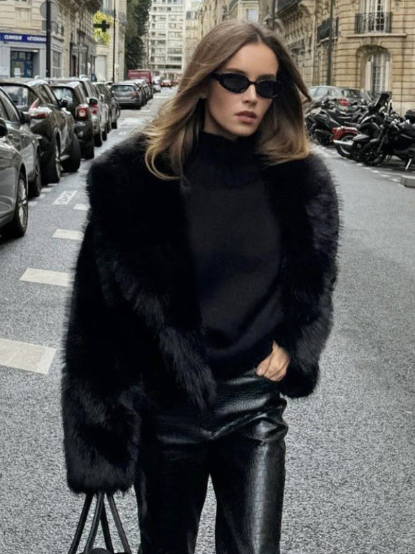 Faux Fur Coats Black Raised Waist Long Sleeves Faux Fur Jacket Winter Coat