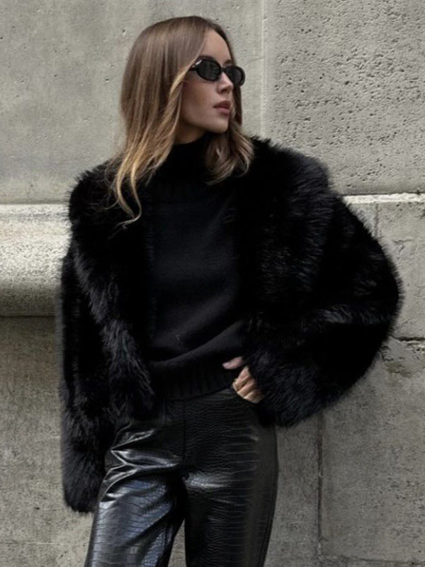 Faux Fur Coats Black Raised Waist Long Sleeves Faux Fur Jacket Winter Coat