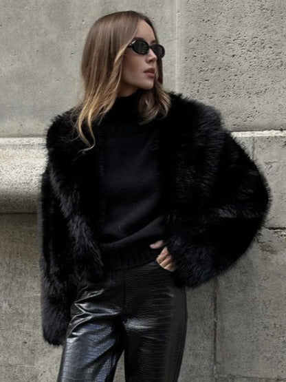 Faux Fur Coats Black Raised Waist Long Sleeves Faux Fur Jacket Winter Coat