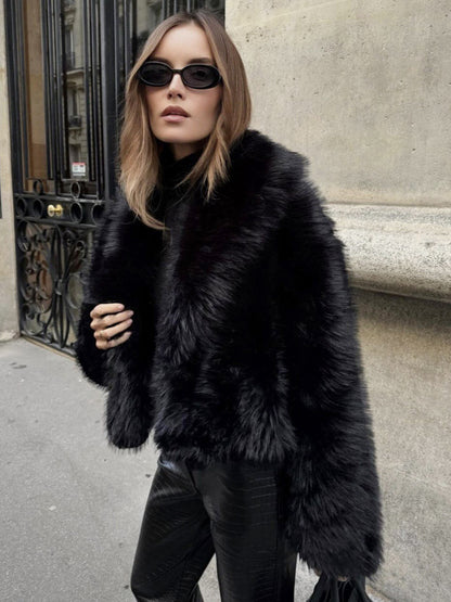 Faux Fur Coats Black Raised Waist Long Sleeves Faux Fur Jacket Winter Coat