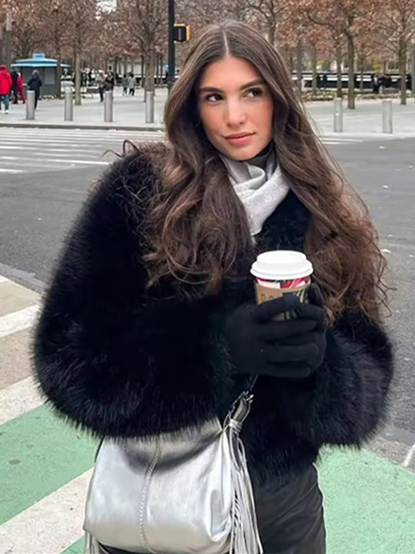 Faux Fur Coats Black No Waistline Long Sleeves Oversized Winter Coat