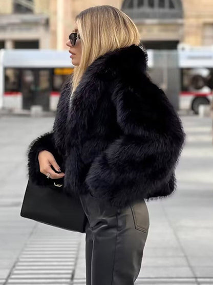 Faux Fur Coats Black No Waistline Long Sleeves Oversized Winter Coat