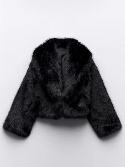 Faux Fur Coats Black No Waistline Long Sleeves Oversized Winter Coat