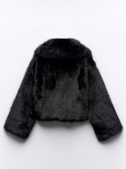 Faux Fur Coats Black No Waistline Long Sleeves Oversized Winter Coat