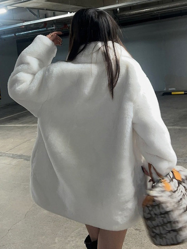 Faux Fur Coats Long Sleeves Chic Oversized Turndown Collar White Women Coat