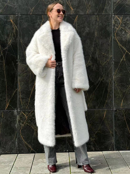 Faux Fur Coat In White Notched Lapel Belted Eco-friendly Winter Long Jacket 2026