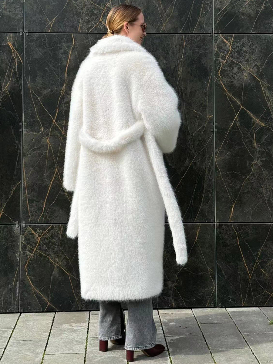 Faux Fur Coat In White Notched Lapel Belted Eco-friendly Winter Long Jacket 2026
