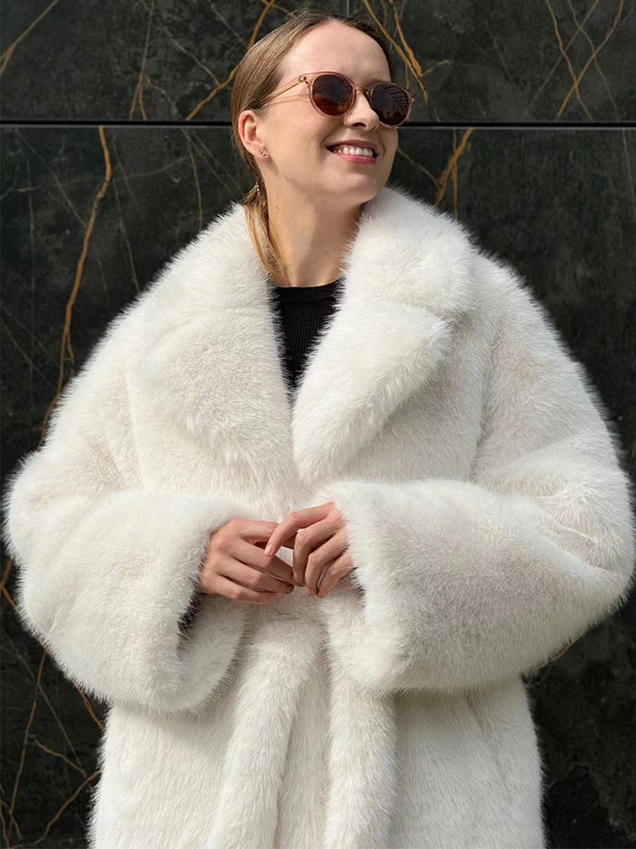Faux Fur Coat In White Notched Lapel Belted Eco-friendly Winter Long Jacket 2026