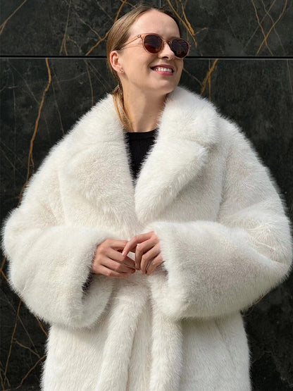 Faux Fur Coat In White Notched Lapel Belted Eco-friendly Winter Long Jacket 2026