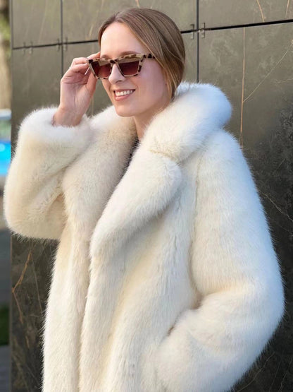 Faux Fur Coat In White Notched Lapel Belted Eco-friendly Winter Long Jacket 2026