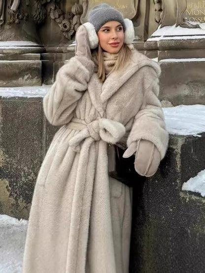 Faux Fur Long Coat With Hood Light Apricot Oversized Winter Outerwear For Women 2026