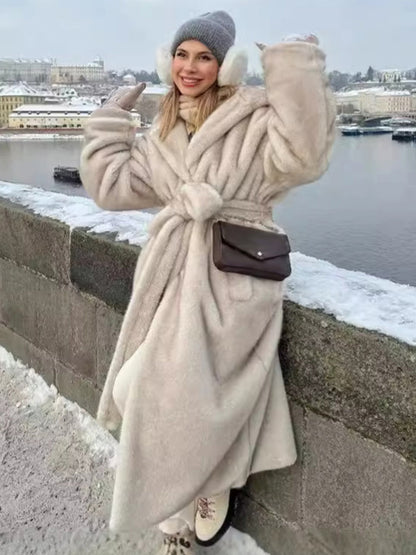 Faux Fur Long Coat With Hood Light Apricot Oversized Winter Outerwear For Women 2026