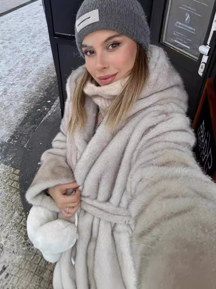 Faux Fur Long Coat With Hood Light Apricot Oversized Winter Outerwear For Women 2026