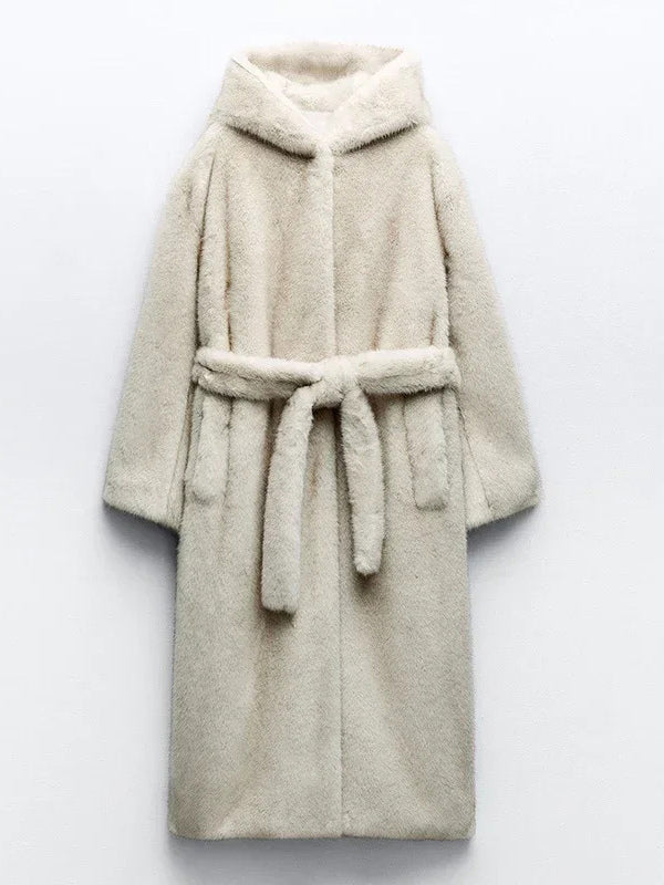 Faux Fur Long Coat With Hood Light Apricot Oversized Winter Outerwear For Women 2026
