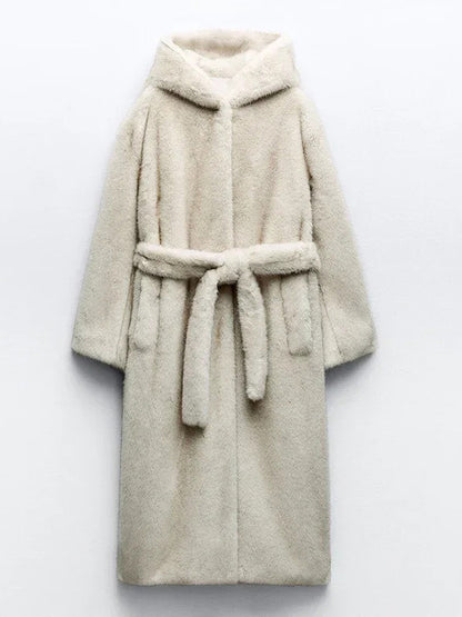 Faux Fur Long Coat With Hood Light Apricot Oversized Winter Outerwear For Women 2026