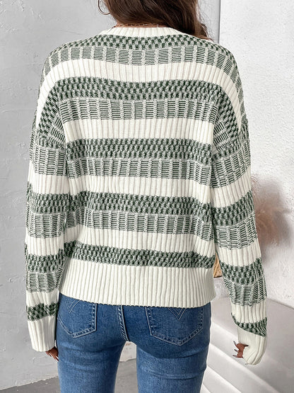 Women Pullover Sweater Hunter Green Two-Tone Jewel Neck Long Sleeves Layered Acrylic Sweaters