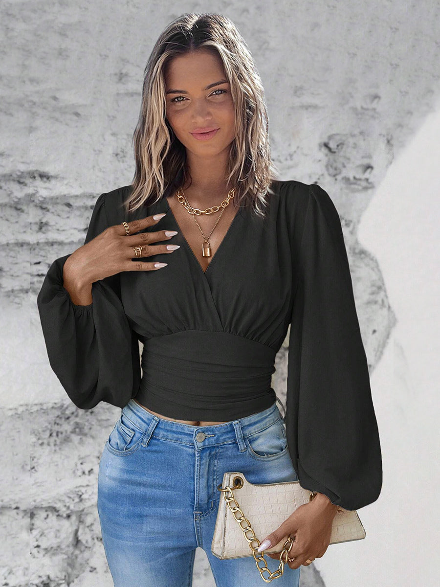 Long Sleeves Tees Dark Green Layered V-Neck Women Tee