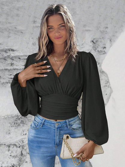 Long Sleeves Tees Dark Green Layered V-Neck Women Tee