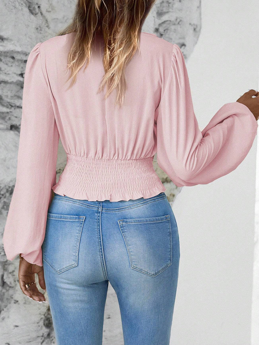 Long Sleeves Tees Dark Green Layered V-Neck Women Tee