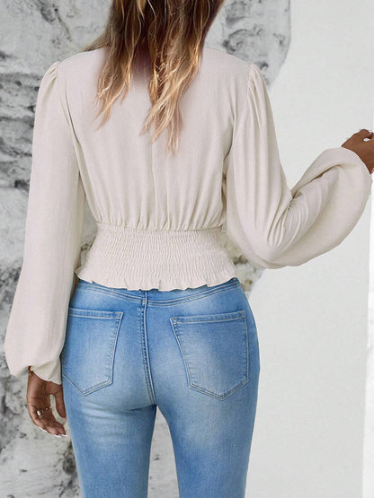 Long Sleeves Tees Dark Green Layered V-Neck Women Tee