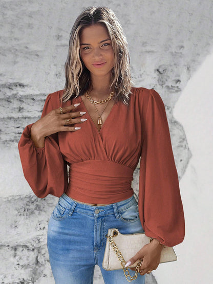 Long Sleeves Tees Dark Green Layered V-Neck Women Tee