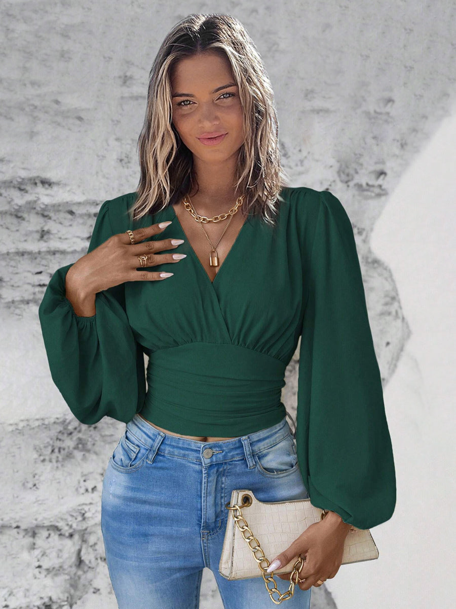 Long Sleeves Tees Dark Green Layered V-Neck Women Tee