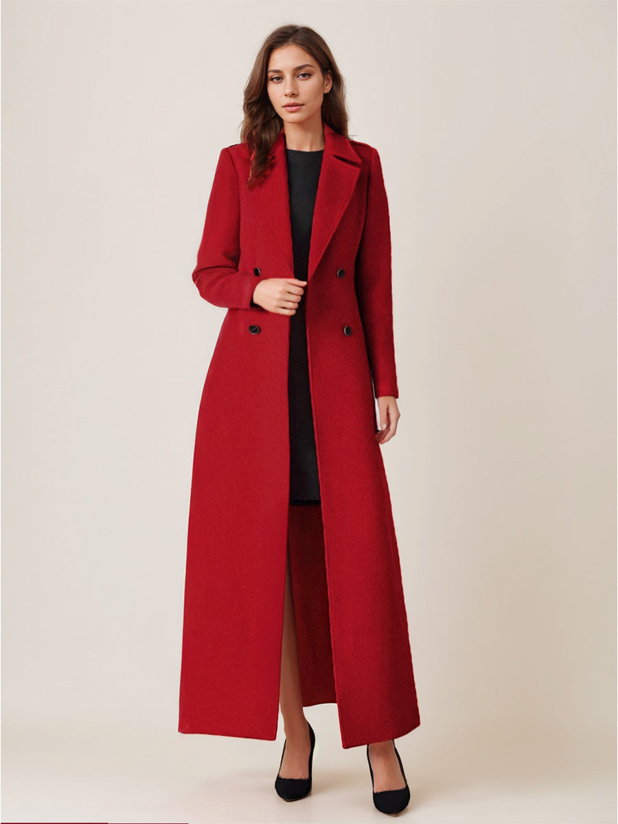 Gray Wool Blend Coat For Woman Lapel Belted Double-breasted Chic Full Length Wrap Outerwear 2026