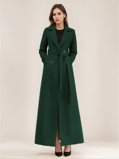 Gray Wool Blend Coat For Woman Lapel Belted Double-breasted Chic Full Length Wrap Outerwear 2026