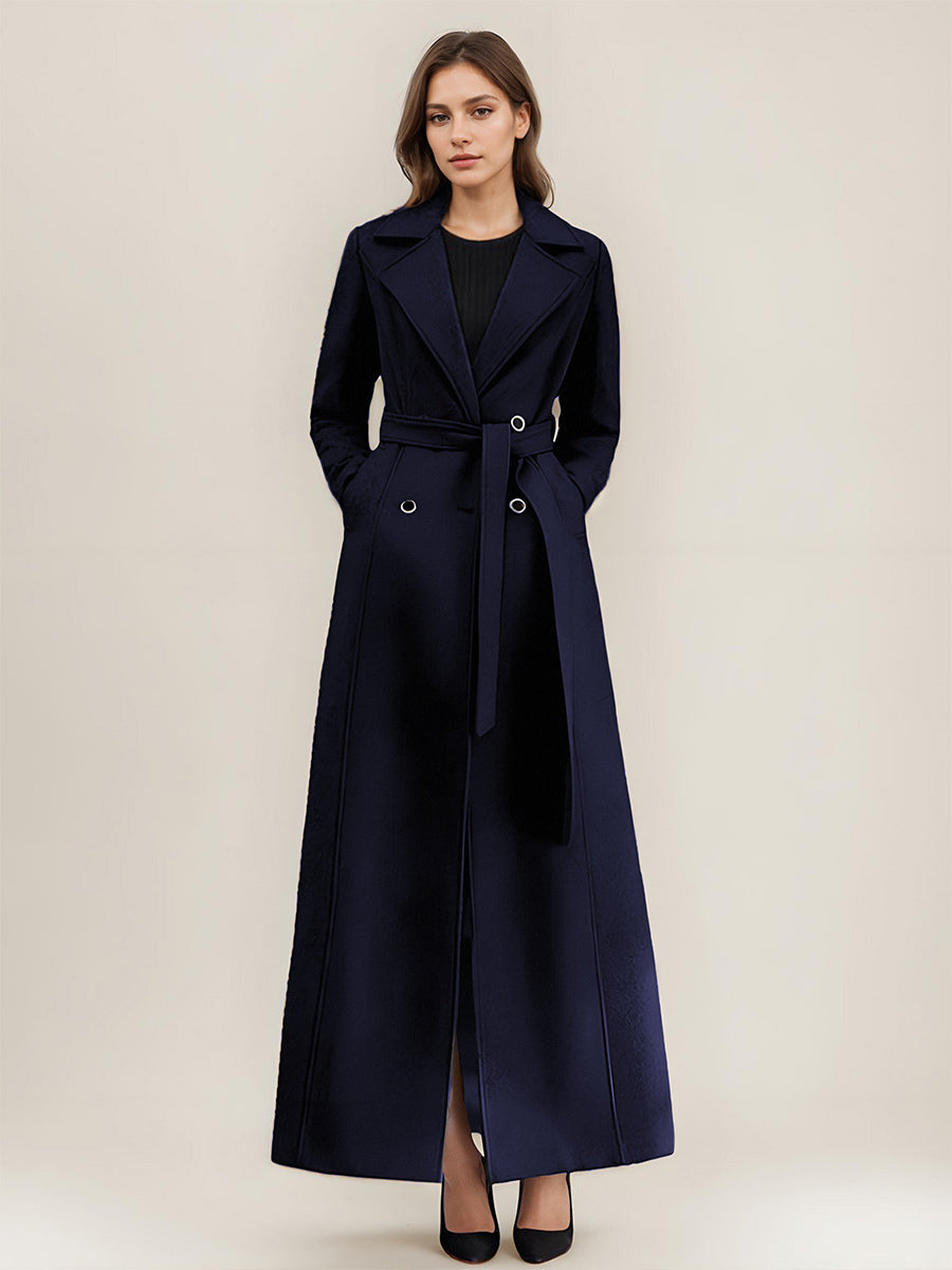 Gray Wool Blend Coat For Woman Lapel Belted Double-breasted Chic Full Length Wrap Outerwear 2026