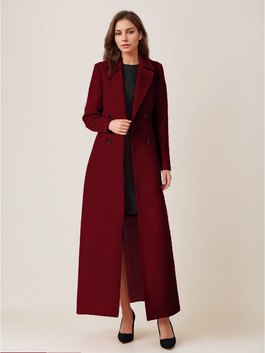 Gray Wool Blend Coat For Woman Lapel Belted Double-breasted Chic Full Length Wrap Outerwear 2026