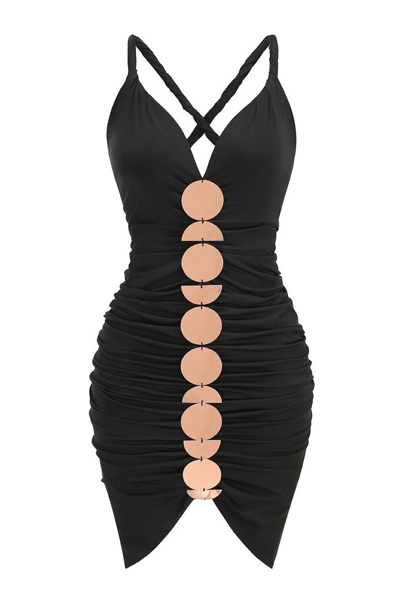 Quintina Geometric Metal V-neck Midi Dress