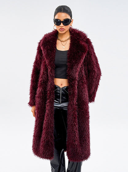 Faux Fur Coats In Burgundy Notched Lapel Winter Long Jacket For Women 2026