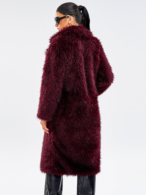 Faux Fur Coats In Burgundy Notched Lapel Winter Long Jacket For Women 2026