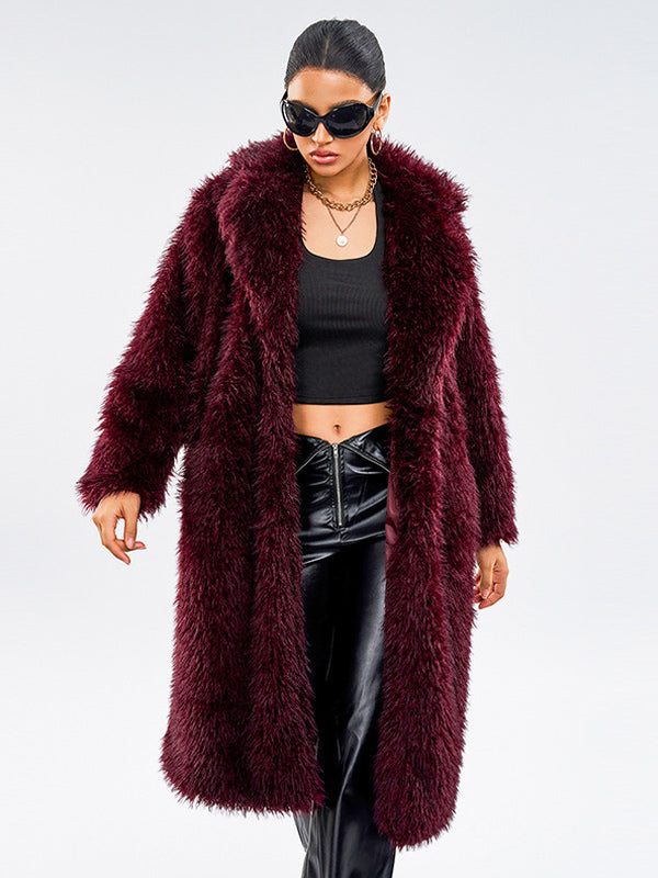 Faux Fur Coats In Burgundy Notched Lapel Winter Long Jacket For Women 2026