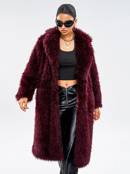 Faux Fur Coats In Burgundy Notched Lapel Winter Long Jacket For Women 2026