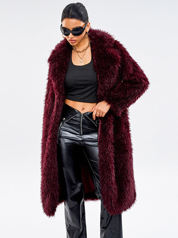 Faux Fur Coats In Burgundy Notched Lapel Winter Long Jacket For Women 2026