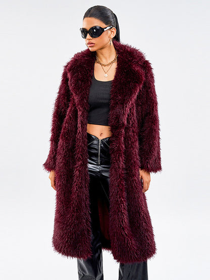 Faux Fur Coats In Burgundy Notched Lapel Winter Long Jacket For Women 2026