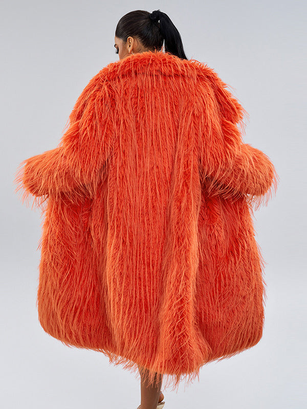 Faux Fur Coats Orange No Waistline Long Sleeves Faux Fur Coat Oversized Women Coat