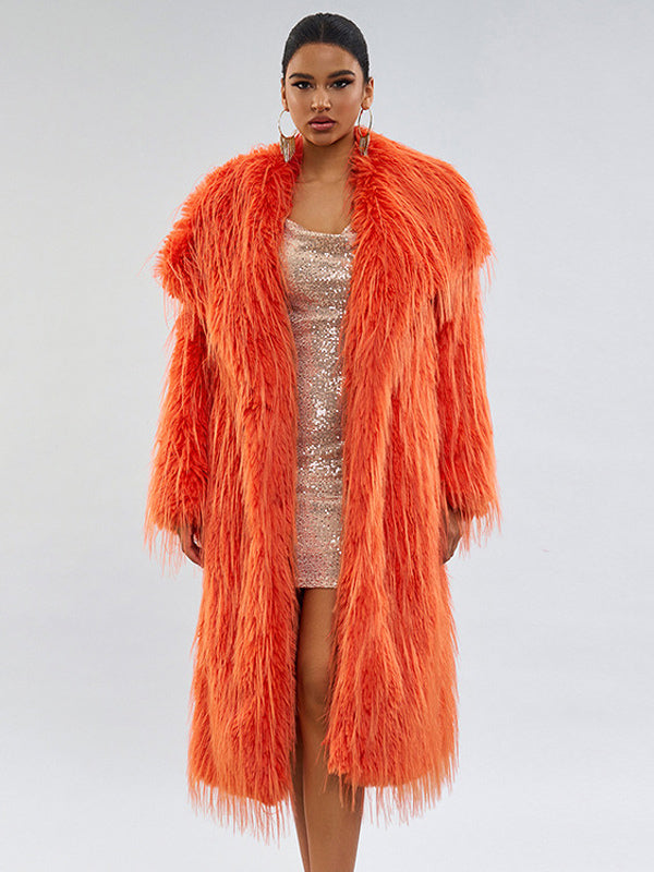 Faux Fur Coats Orange No Waistline Long Sleeves Faux Fur Coat Oversized Women Coat