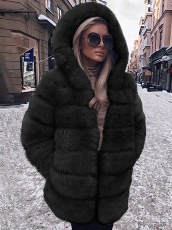 Faux Fur Coat With Hood Casual Winter Midi Jacket For Women 2026