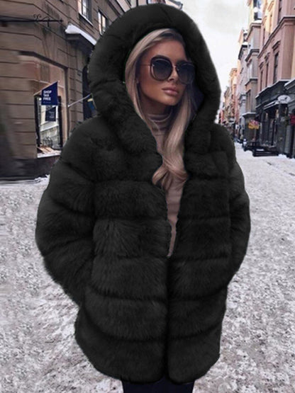 Faux Fur Coat With Hood Casual Winter Midi Jacket For Women 2026