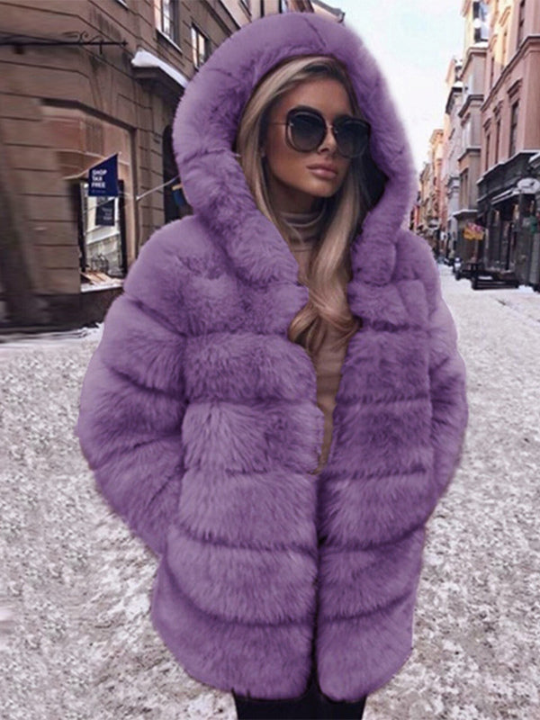 Faux Fur Coat With Hood Casual Winter Midi Jacket For Women 2026