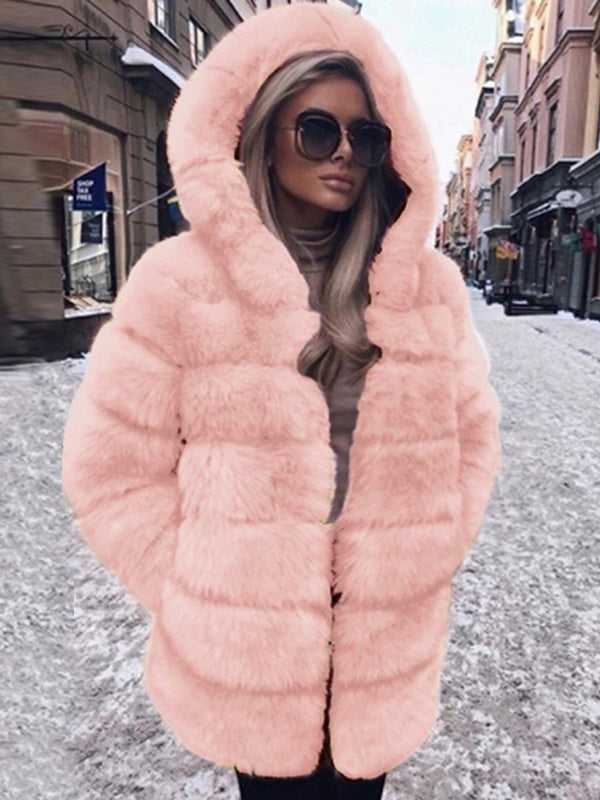 Faux Fur Coat With Hood Casual Winter Midi Jacket For Women 2026