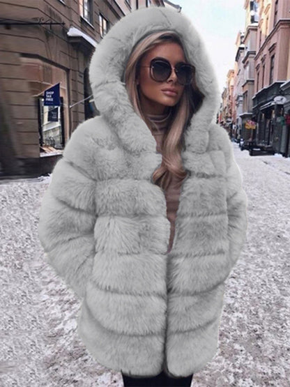 Faux Fur Coat With Hood Casual Winter Midi Jacket For Women 2026
